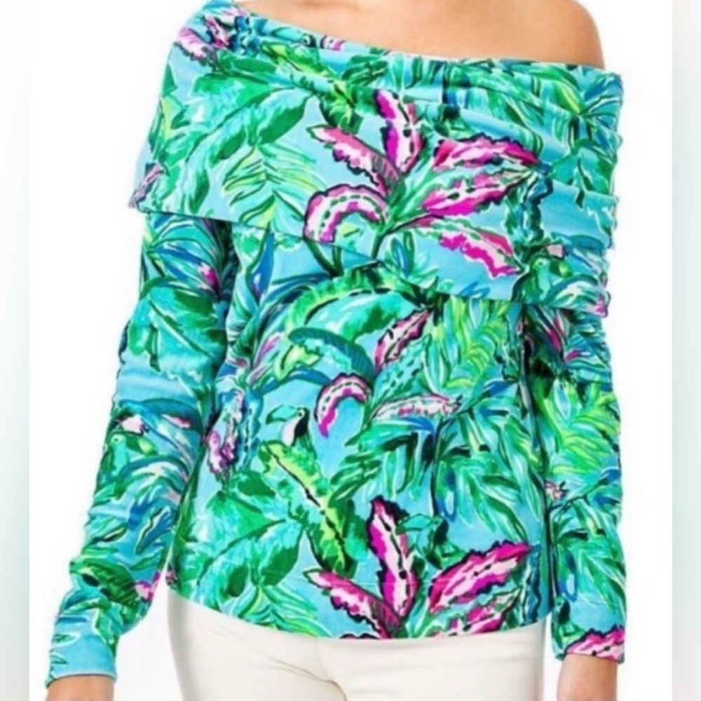 Lilly Pulitzer Belinda Velour Sweatshirt – Porto Blue “In the Trees” – XS